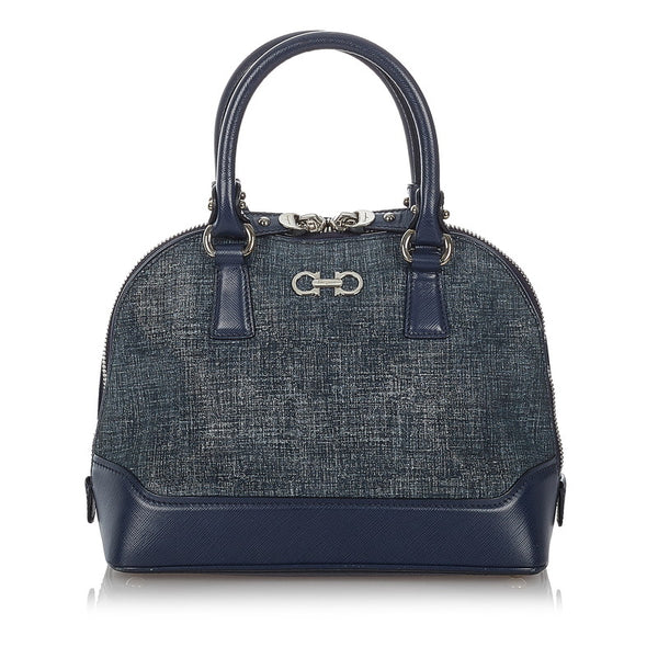 サルヴァトーレフェラガモ ダブルガンチーニ ハンドバッグ ショルダーバッグ ２Way EZ-21 E950 ネイビー キャンバス レザー レディース Salvatore Ferragamo 【中古】