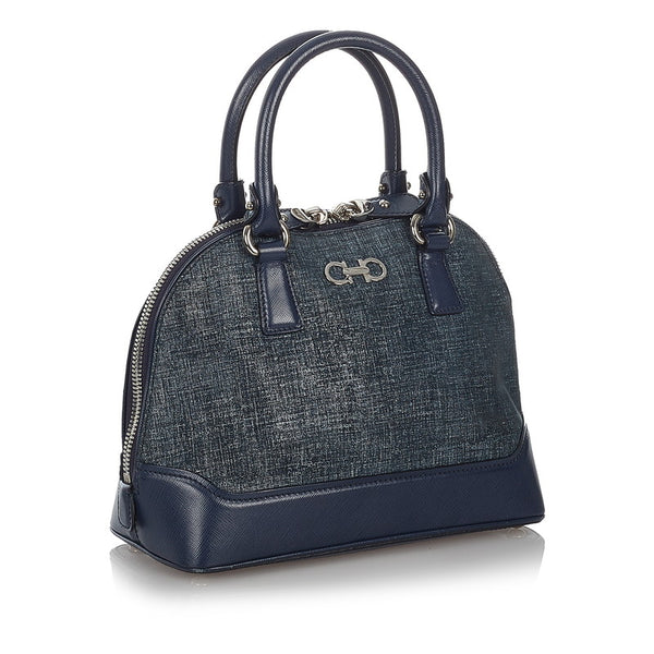 サルヴァトーレフェラガモ ダブルガンチーニ ハンドバッグ ショルダーバッグ ２Way EZ-21 E950 ネイビー キャンバス レザー レディース Salvatore Ferragamo 【中古】