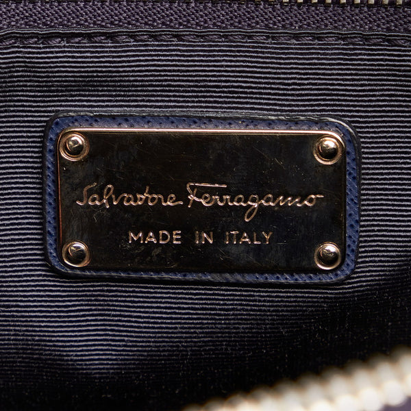 サルヴァトーレフェラガモ ダブルガンチーニ ハンドバッグ ショルダーバッグ ２Way EZ-21 E950 ネイビー キャンバス レザー レディース Salvatore Ferragamo 【中古】