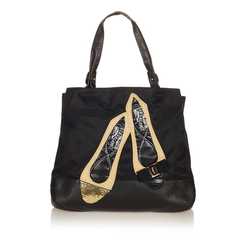 サルヴァトーレフェラガモ ヴァラリボン トートバッグ AU-21 C577 ブラック ナイロン レザー スパンコール レディース Salvatore Ferragamo 【中古】