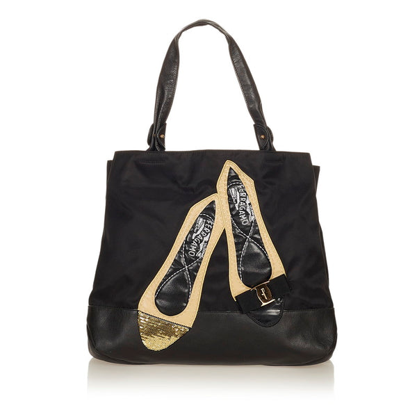 サルヴァトーレフェラガモ ヴァラリボン トートバッグ AU-21 C577 ブラック ナイロン レザー スパンコール レディース Salvatore Ferragamo 【中古】