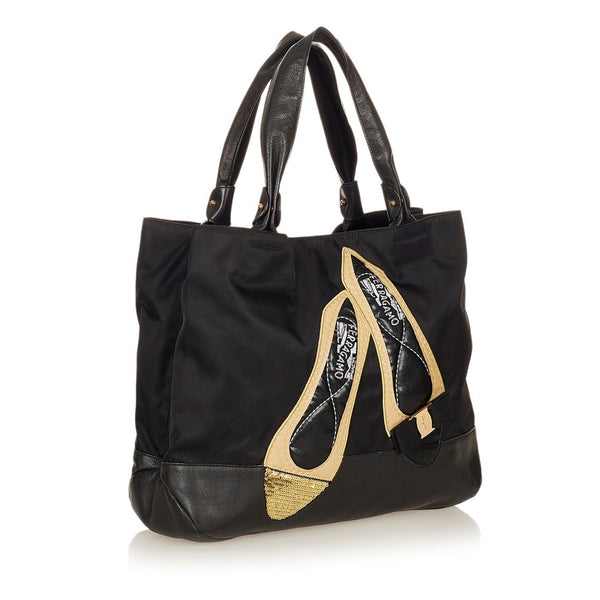 サルヴァトーレフェラガモ ヴァラリボン トートバッグ AU-21 C577 ブラック ナイロン レザー スパンコール レディース Salvatore Ferragamo 【中古】