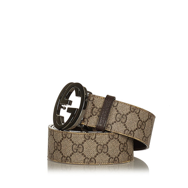 グッチ GGスプリーム インターロッキングG 114984 ベージュ PVC レザー ベルト メンズ GUCCI 【中古】