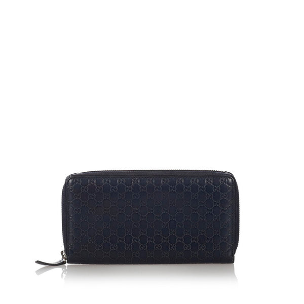 グッチ マイクログッチシマ 244994 ネイビー レザー 長財布 ラウンドファスナー レディース GUCCI 【中古】