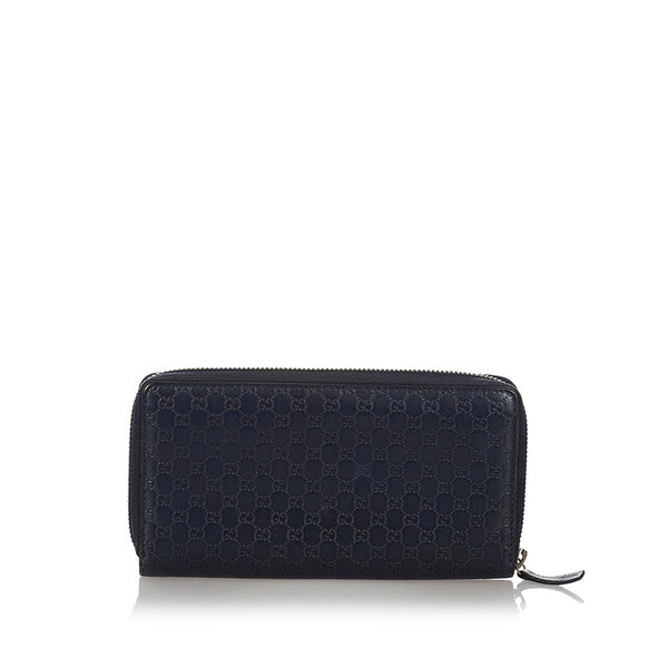 グッチ マイクログッチシマ 244994 ネイビー レザー 長財布 ラウンドファスナー レディース GUCCI 【中古】