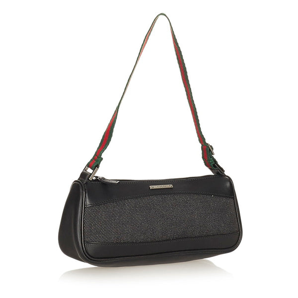 グッチ シェリーライン 92820 ブラック デニム レザー ポーチ レディース GUCCI 【中古】