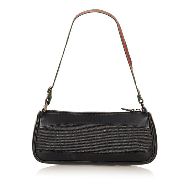 グッチ シェリーライン 92820 ブラック デニム レザー ポーチ レディース GUCCI 【中古】