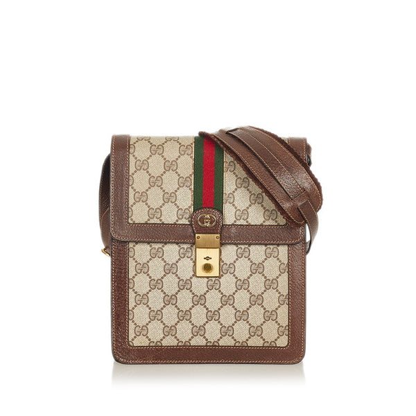 グッチ GGスプリーム シェリーライン  ベージュ ブラウン PVC レザー 肩掛け ショルダーバッグ レディース GUCCI 【中古】