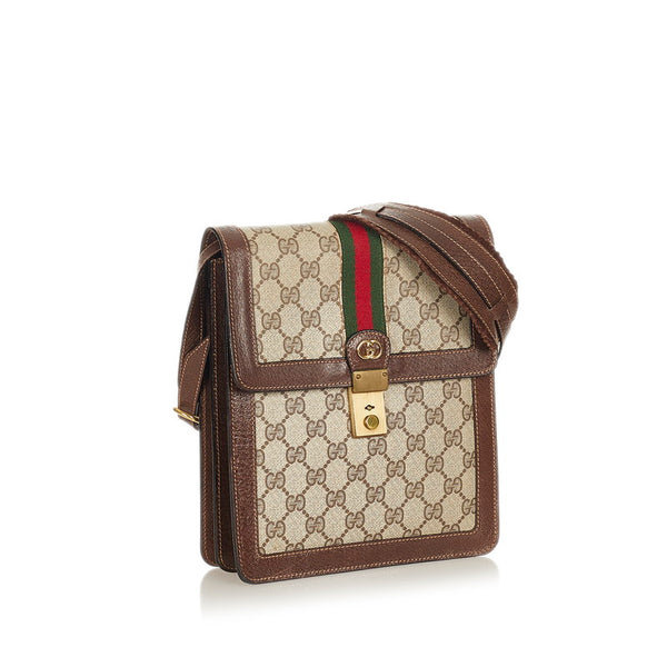 グッチ GGスプリーム シェリーライン  ベージュ ブラウン PVC レザー 肩掛け ショルダーバッグ レディース GUCCI 【中古】