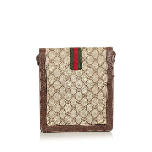 グッチ GGスプリーム シェリーライン  ベージュ ブラウン PVC レザー 肩掛け ショルダーバッグ レディース GUCCI 【中古】