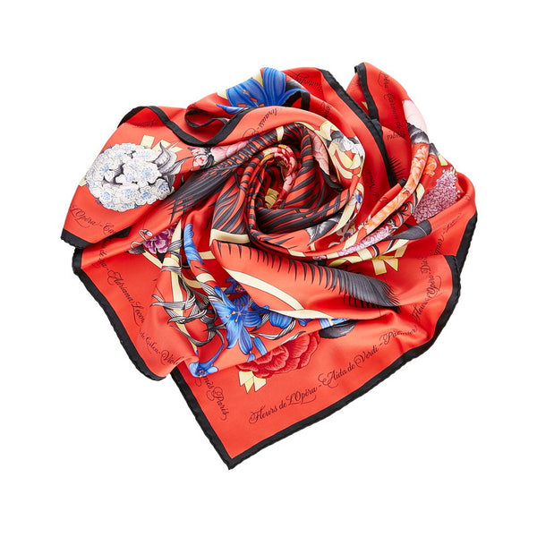 エルメス カレ90 Fleurs de L'Opera オペラの花 レッド シルク スカーフ レディース HERMES 【中古】