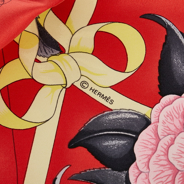 エルメス カレ90 Fleurs de L'Opera オペラの花 レッド シルク スカーフ レディース HERMES 【中古】