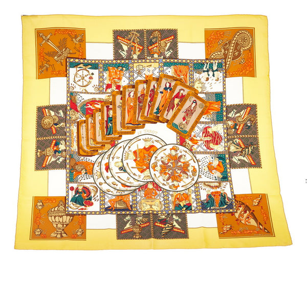 エルメス カレ90 LE TAROT タロットカード イエロー ホワイト シルク スカーフ レディース HERMES 【中古】