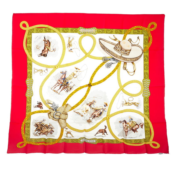 エルメス カレ90 CHARREADA ホワイト レッド シルク スカーフ レディース HERMES 【中古】