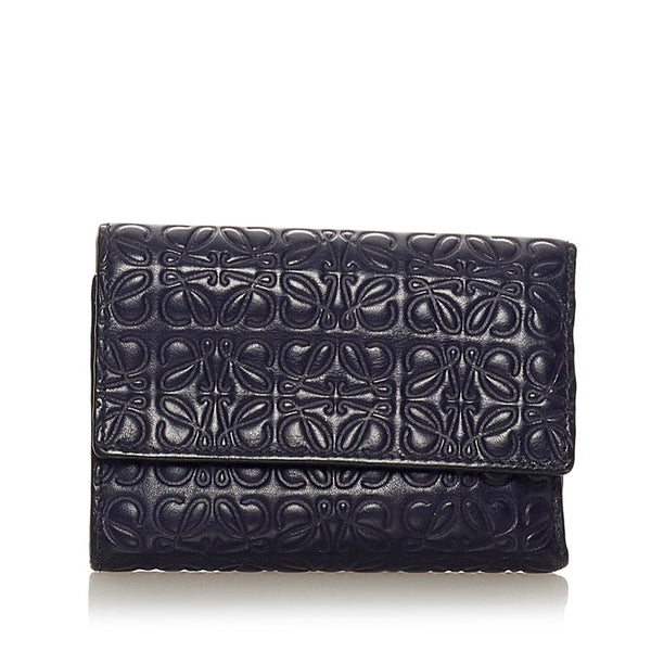 ロエベ リピートアナグラム ネイビー レザー 三つ折り財布 レディース LOEWE 【中古】