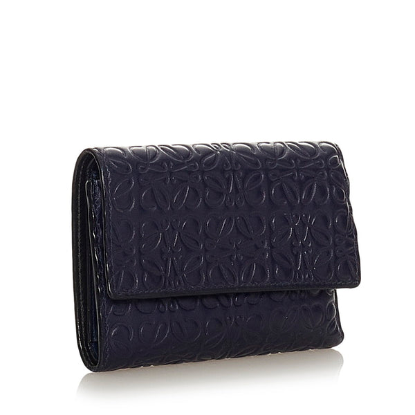 ロエベ リピートアナグラム ネイビー レザー 三つ折り財布 レディース LOEWE 【中古】