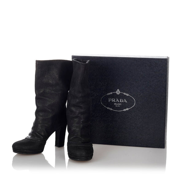 プラダ チャンキーヒール ブラック レザー ブーツ レディース PRADA 【中古】