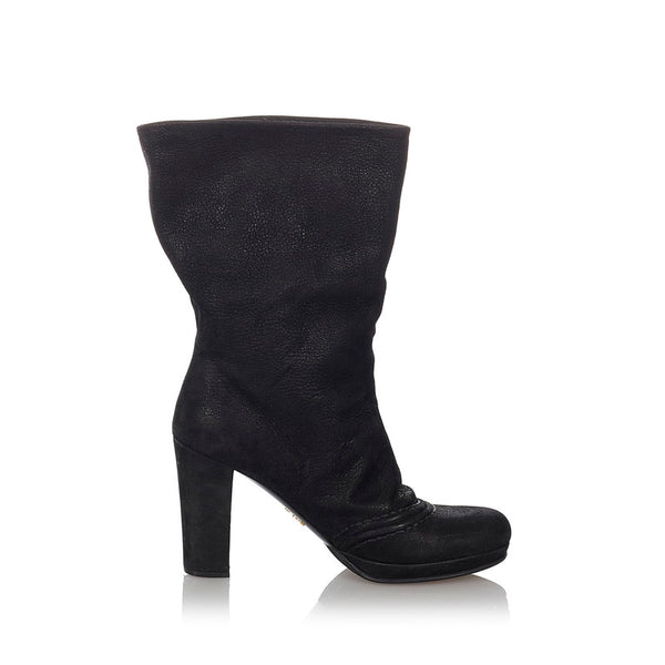 プラダ チャンキーヒール ブラック レザー ブーツ レディース PRADA 【中古】