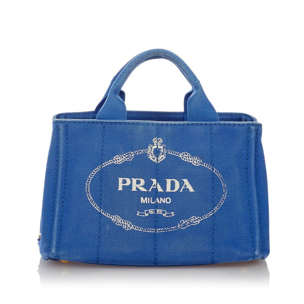 プラダ ミニカナパ ブルー キャンバス ハンドバッグ レディース PRADA 【中古】