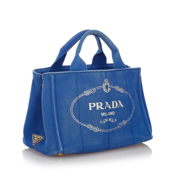 プラダ ミニカナパ ブルー キャンバス ハンドバッグ レディース PRADA 【中古】