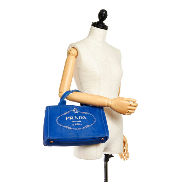 プラダ ミニカナパ ブルー キャンバス ハンドバッグ レディース PRADA 【中古】