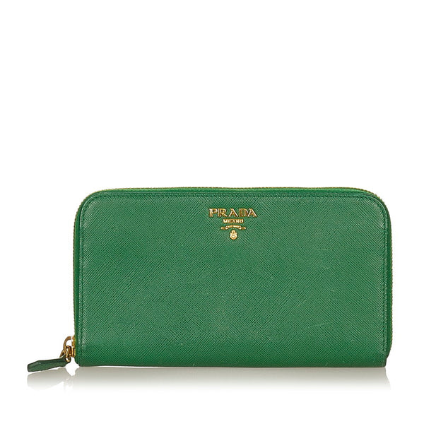 プラダ グリーン レザー サフィアーノ ラウンドファスナー　長財布 レディース PRADA 【中古】
