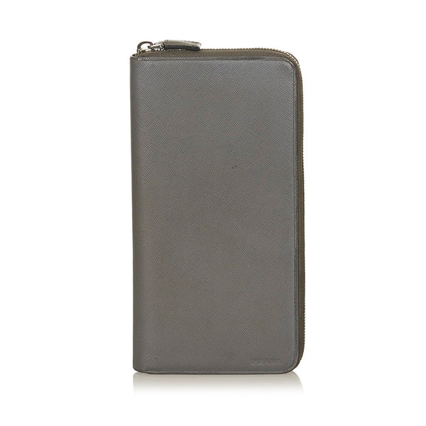 プラダ グレー レザー サフィアーノ ラウンドファスナー　長財布 メンズ PRADA 【中古】