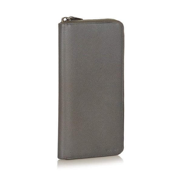 プラダ グレー レザー サフィアーノ ラウンドファスナー　長財布 メンズ PRADA 【中古】