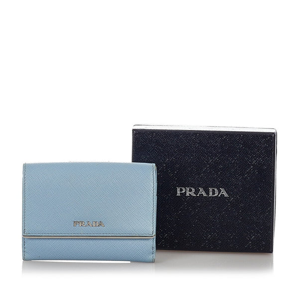 プラダ ライトブルー レザー サフィアーノ 三つ折り財布 レディース PRADA 【中古】