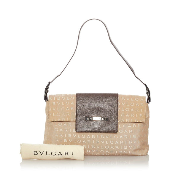 ブルガリ ロゴマニア ショルダーバッグ ベージュ ブラウン キャンバス レザー レディース BVLGARI 【中古】