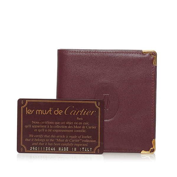 カルティエ ワインレッド レザー 二つ折り財布 レディース CARTIER 【中古】