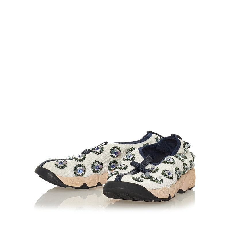 クリスチャンディオール フュージョン フラワー リボン ビジュー ホワイト ネイビー メッシュ スニーカー レディース Christian Dior 【中古】