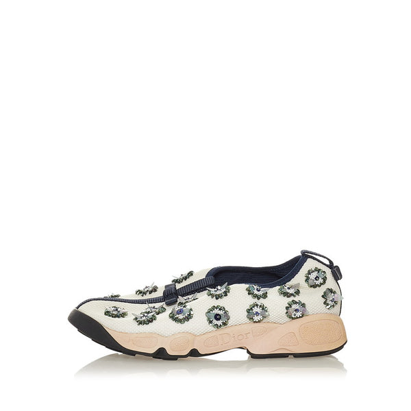 クリスチャンディオール フュージョン フラワー リボン ビジュー ホワイト ネイビー メッシュ スニーカー レディース Christian Dior 【中古】