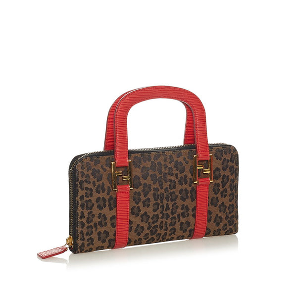 フェンディ ブラウン レッド キャンバス レザー ハンドバッグ レディース FENDI 【中古】