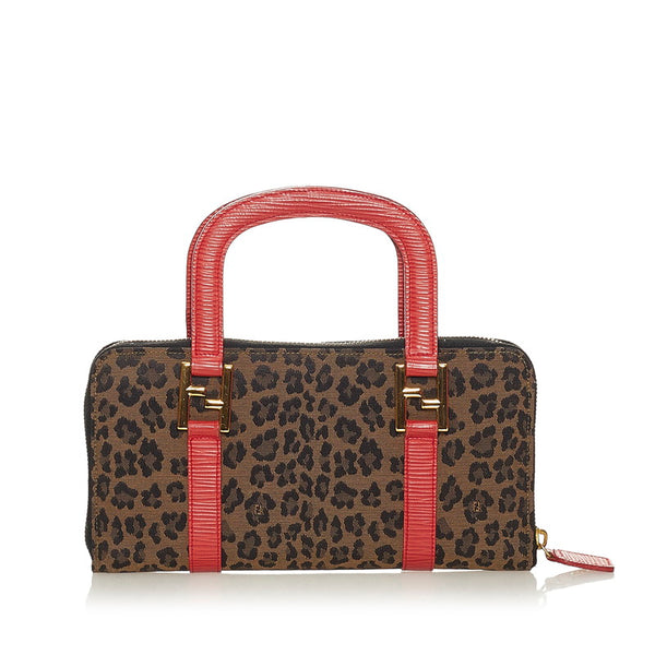 フェンディ ブラウン レッド キャンバス レザー ハンドバッグ レディース FENDI 【中古】
