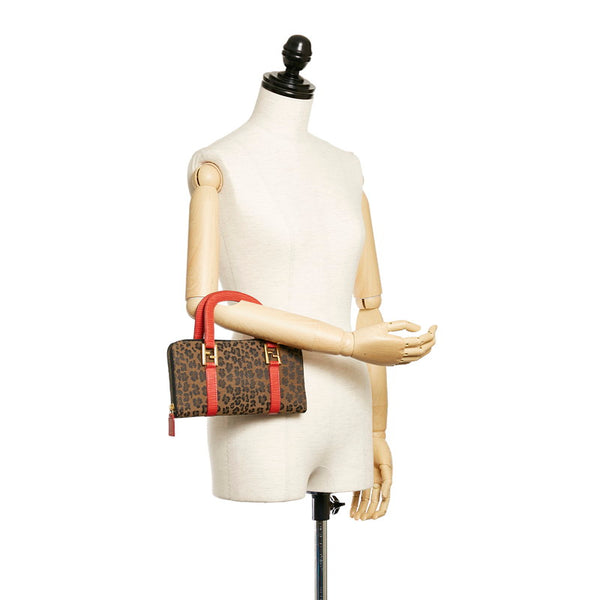 フェンディ ブラウン レッド キャンバス レザー ハンドバッグ レディース FENDI 【中古】