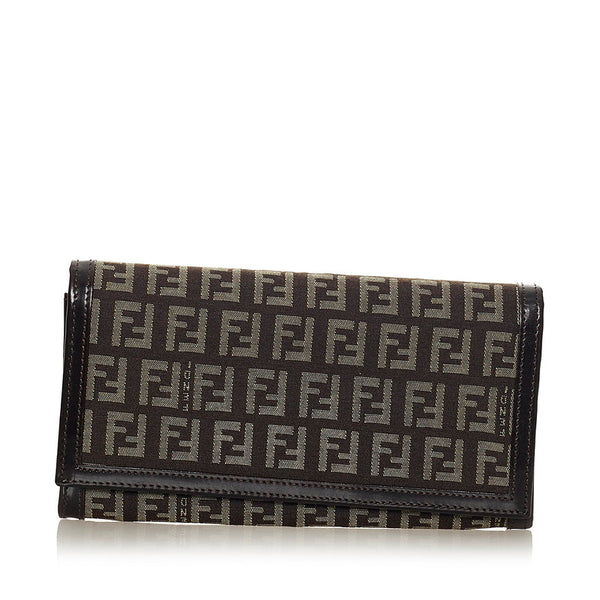 フェンディ ズッキーノ 8M0000 ブラウン ベージュ キャンバス レザー 長財布 レディース FENDI 【中古】