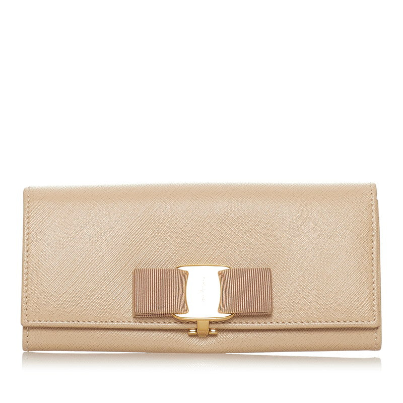 サルヴァトーレフェラガモ ヴァラリボン IY-22 B559 ベージュ レザー 長財布 レディース Salvatore Ferragamo 【中古】
