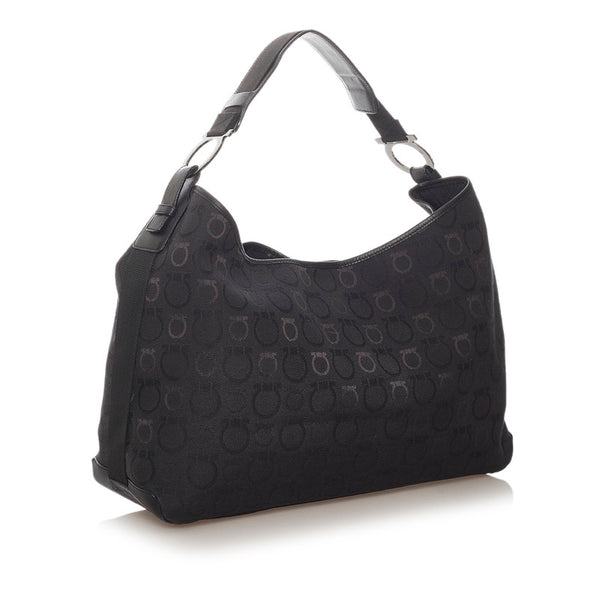 サルヴァトーレフェラガモ ガンチーニ EX-21 5378 ブラック キャンバス レザー ショルダーバッグ レディース Salvatore Ferragamo 【中古】