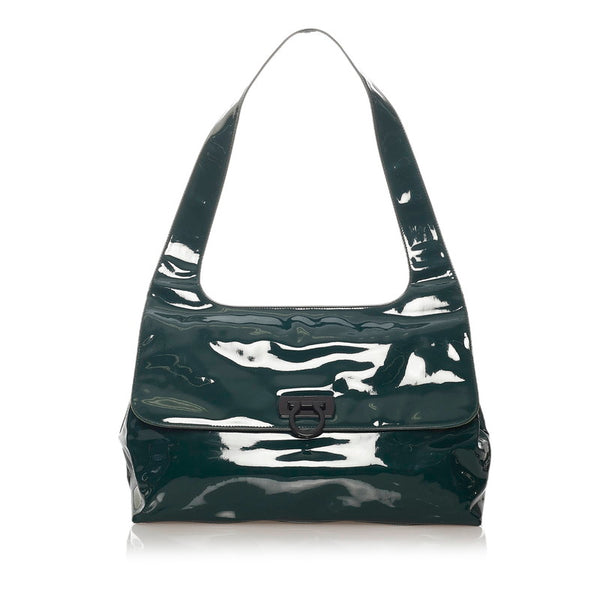 サルヴァトーレフェラガモ ガンチーニ トートバッグ AU-21 7751 グリーン エナメル レディース Salvatore Ferragamo 【中古】