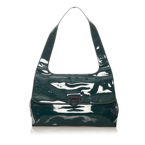 サルヴァトーレフェラガモ ガンチーニ トートバッグ AU-21 7751 グリーン エナメル レディース Salvatore Ferragamo 【中古】