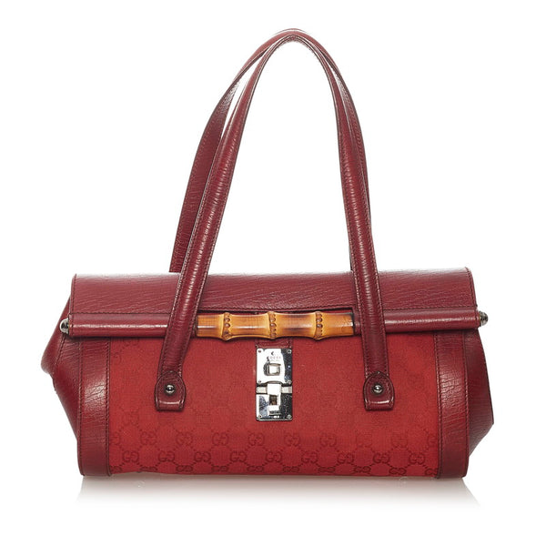 グッチ GGキャンバス バンブー 111718 レッド キャンバス レザー ハンドバッグ レディース GUCCI 【中古】