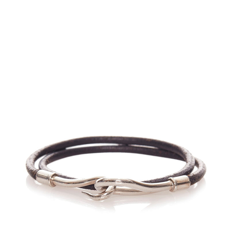 エルメス ブラック シルバー レザー メタル ジャンボ ブレスレット レディース HERMES 【中古】