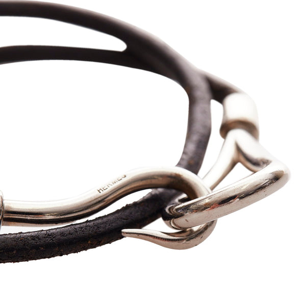 エルメス ブラック シルバー レザー メタル ジャンボ ブレスレット レディース HERMES 【中古】