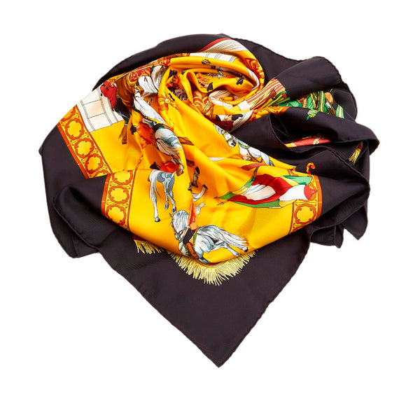 エルメス カレ90 王立アンダルシア馬術学校 Real Escuela Andaluza Del Arte Equestre イエロー シルク スカーフ レディース HERMES 【中古】