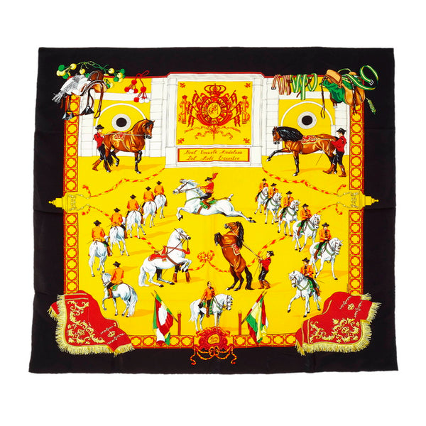 エルメス カレ90 王立アンダルシア馬術学校 Real Escuela Andaluza Del Arte Equestre イエロー シルク スカーフ レディース HERMES 【中古】