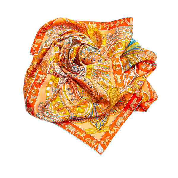 エルメス カレ90 LE JARDIN DE LA MAHARANI マハラニの庭 オレンジ シルク スカーフ レディース HERMES 【中古】