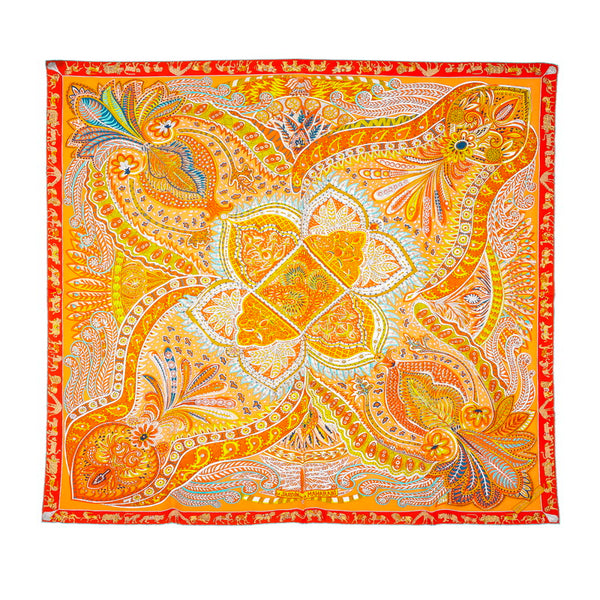 エルメス カレ90 LE JARDIN DE LA MAHARANI マハラニの庭 オレンジ シルク スカーフ レディース HERMES 【中古】