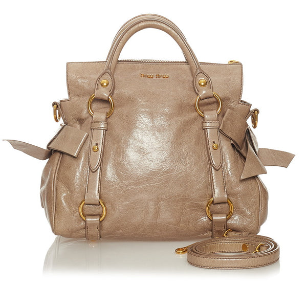 ミュウミュウ リボン ベージュ レザー ハンドバッグ ショルダーバッグ 2WAY レディース MIUMIU 【中古】