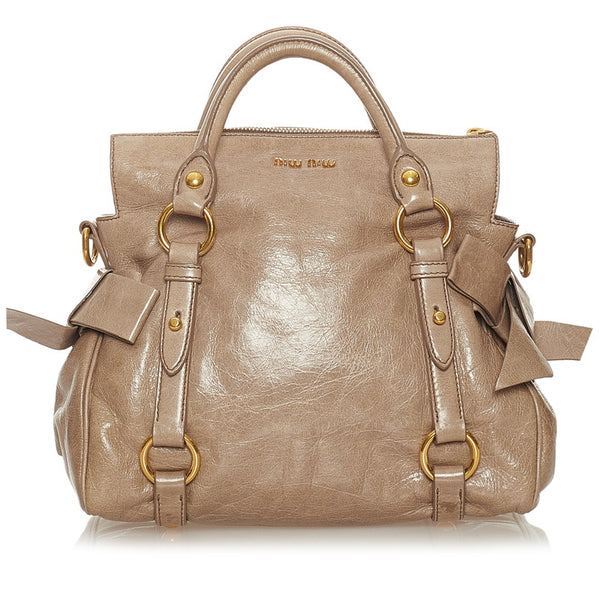 ミュウミュウ リボン ベージュ レザー ハンドバッグ ショルダーバッグ 2WAY レディース MIUMIU 【中古】